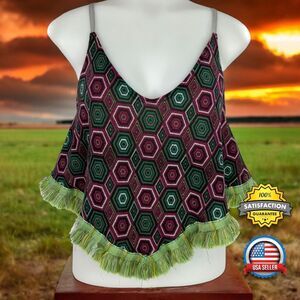 Cherish WOMENS XS Geometric Print Fringe Crop Tank Top Boutique Green Maroon EUC
